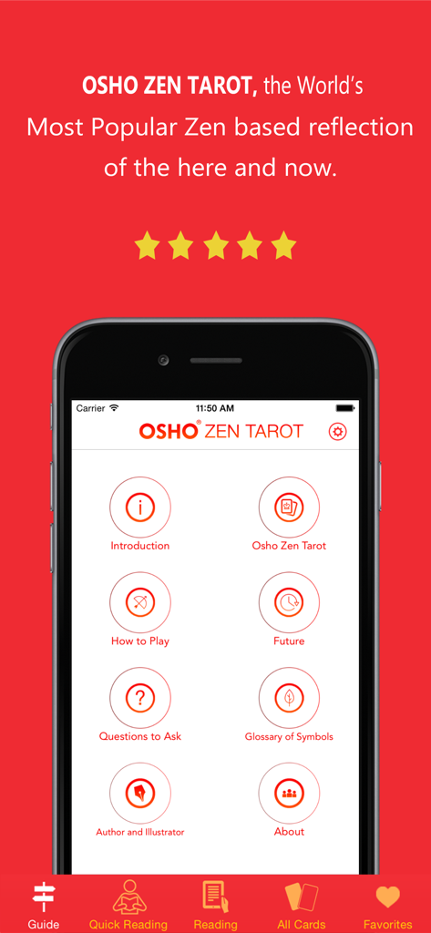 Osho Zen Tarot - The main guide menu of the Osho Zen Tarot app on a smartphone screen showing various icons for meditation and tarot reading.