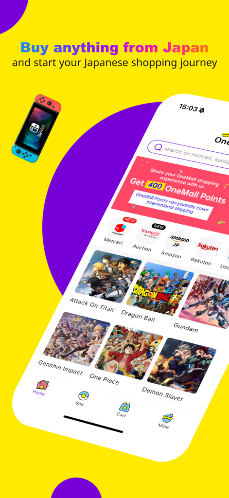 OneMall app interface for buying Japanese goods from Mercari and Yahoo Auctions