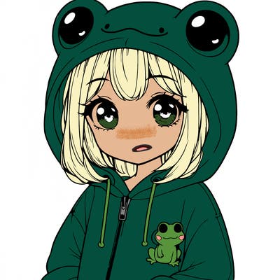 cute realistic girl in a froggy hoodie