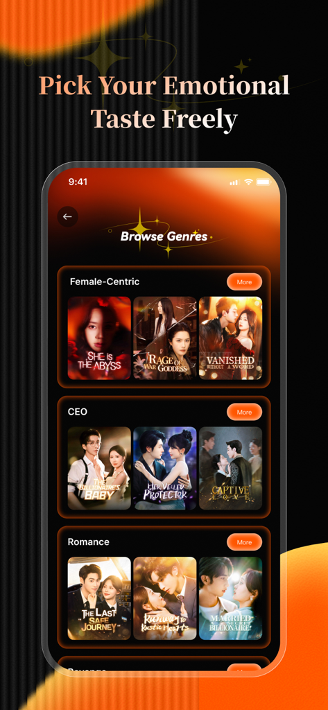 LeapReels - Browse genres screen in LeapReels app featuring short drama categories like CEO and Romance.