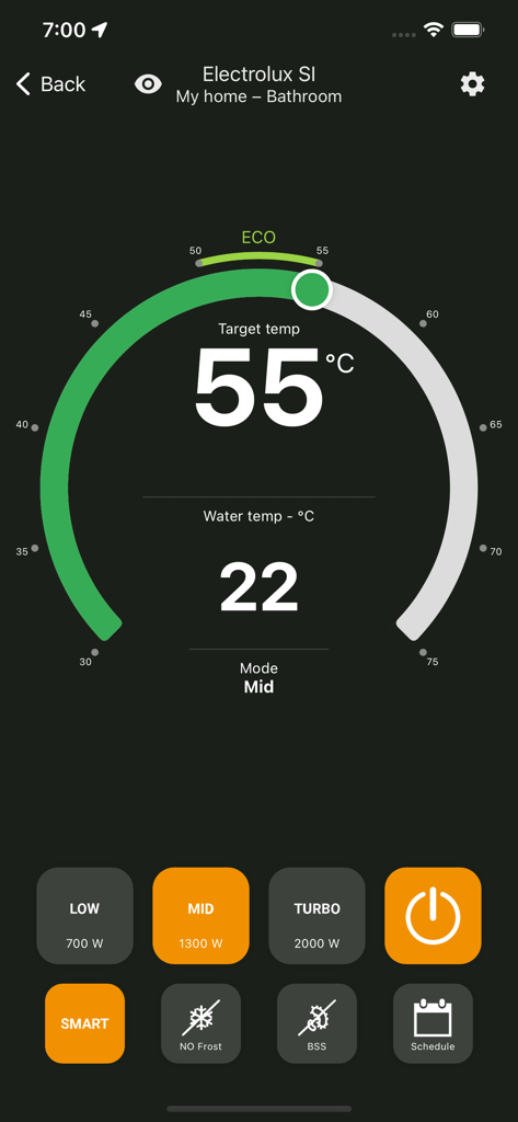ClimatOn - Interfaz de la aplicación móvil ClimatOn para controlar un calentador de agua inteligente con dial de temperatura y ajustes de potencia