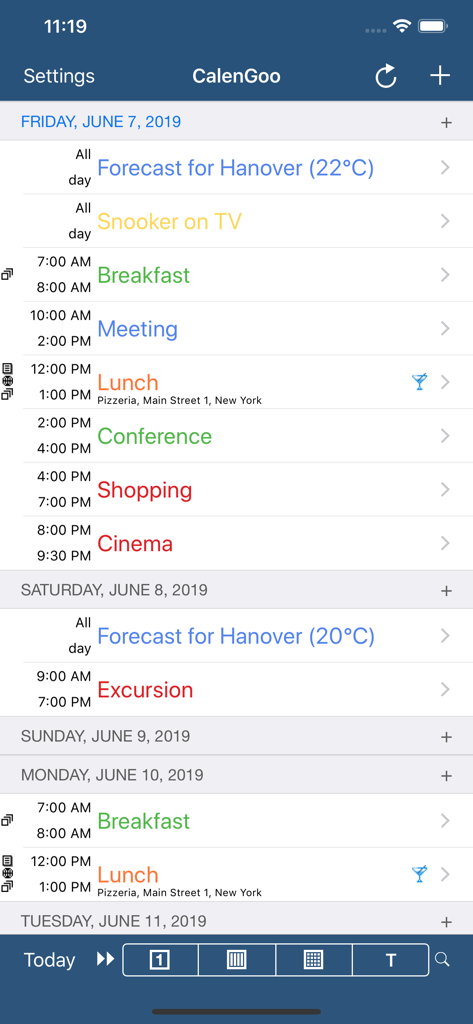 CalenGoo Calendar - CalenGoo Calendar agenda view displaying a color coded daily schedule with events and times