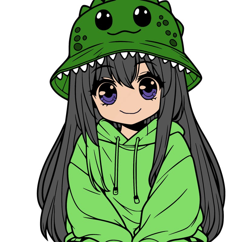 girl with anime shaped eyes with a dinosaur bucket hat oversized sweatshirt long straight hair