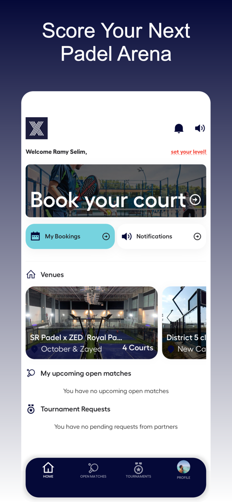 Écran d'accueil de l'application SR Padel montrant les options de lieu et l'interface de réservation de terrain