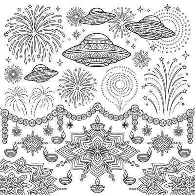 Witness a spectacular celestial event where UFOs join the vibrant Diwali festivities. This unique coloring page blends traditional Indian celebration with an otherworldly twist.