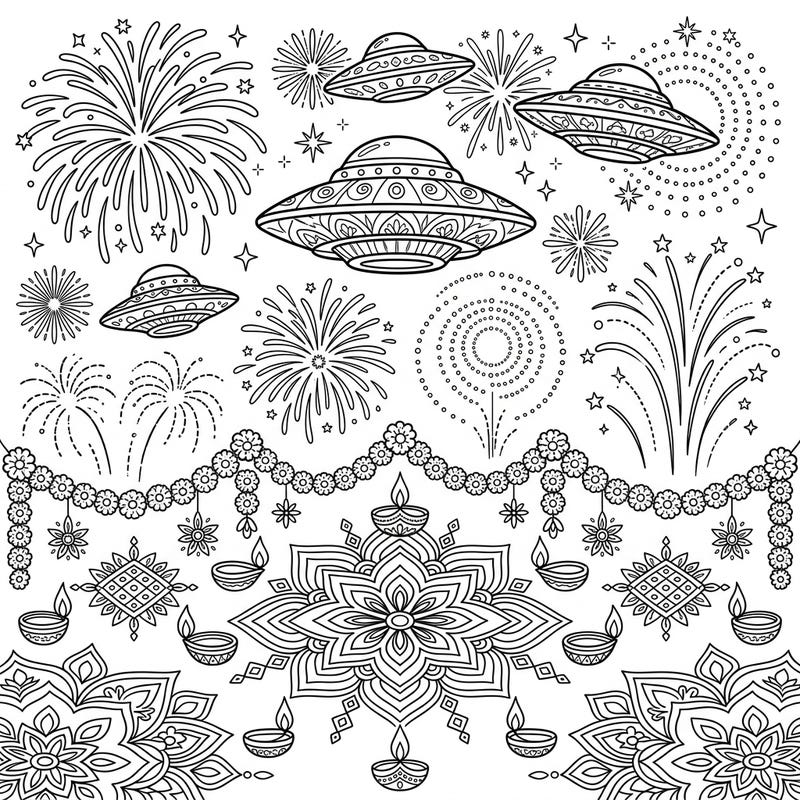 Witness a spectacular celestial event where UFOs join the vibrant Diwali festivities. This unique coloring page blends traditional Indian celebration with an otherworldly twist.