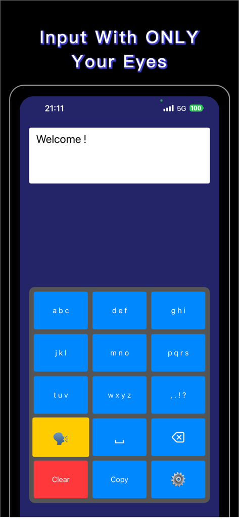 Eye Keyboard-Input with eyes - Eye Keyboard app interface showing a blue grid keyboard for eye tracking text input