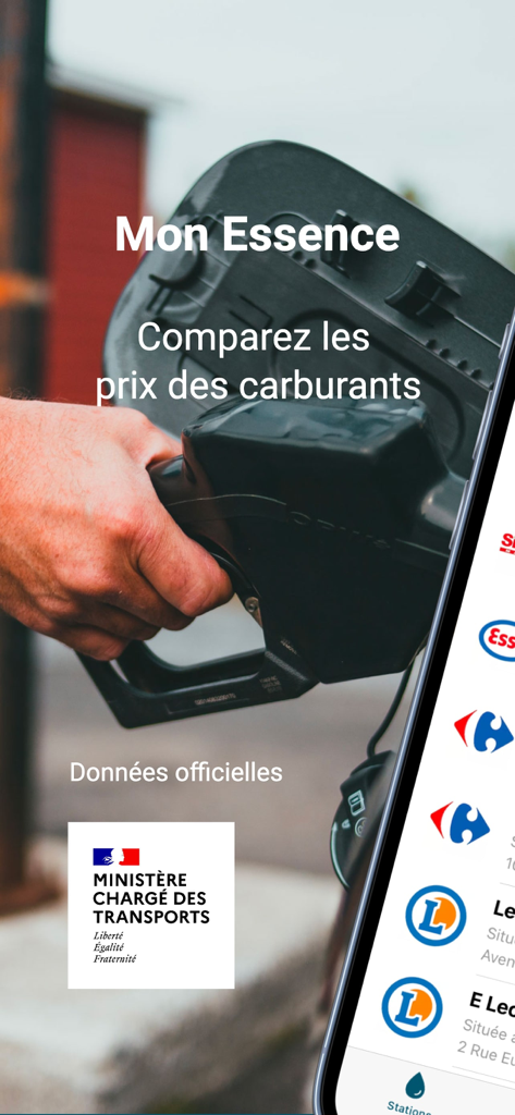 Mon Essence - Prix carburants - Ecrã inicial da aplicação Mon Essence mostrando comparação de preços de combustível e logotipo oficial de dados do governo francês