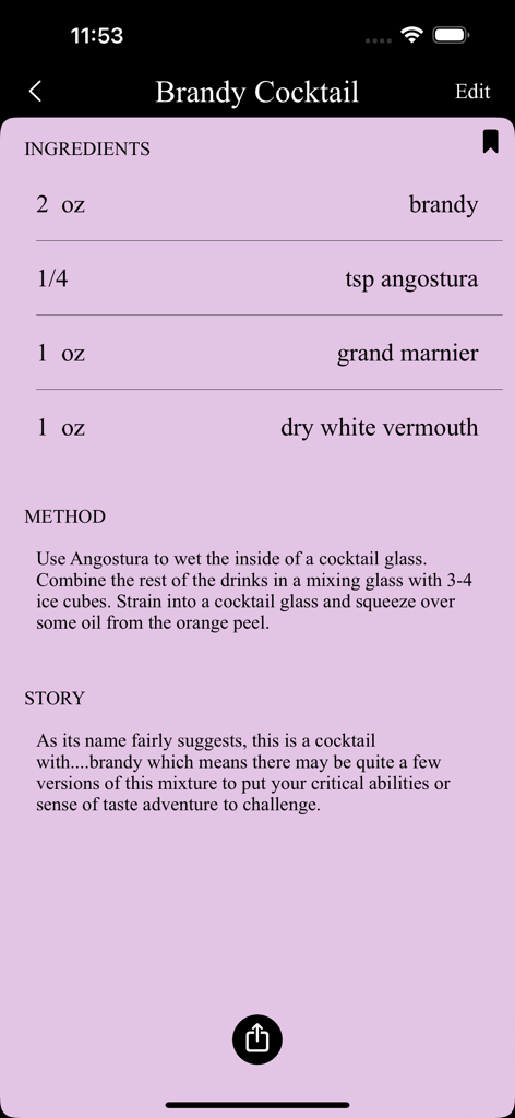 A minimalist recipe screen for a Brandy Cocktail showing ingredients, mixing method, and the story behind the drink.