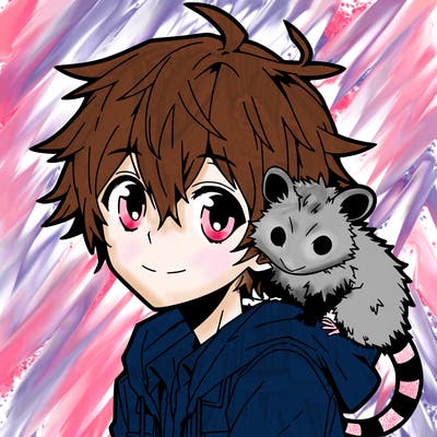 anime boy with opossum on shoulder