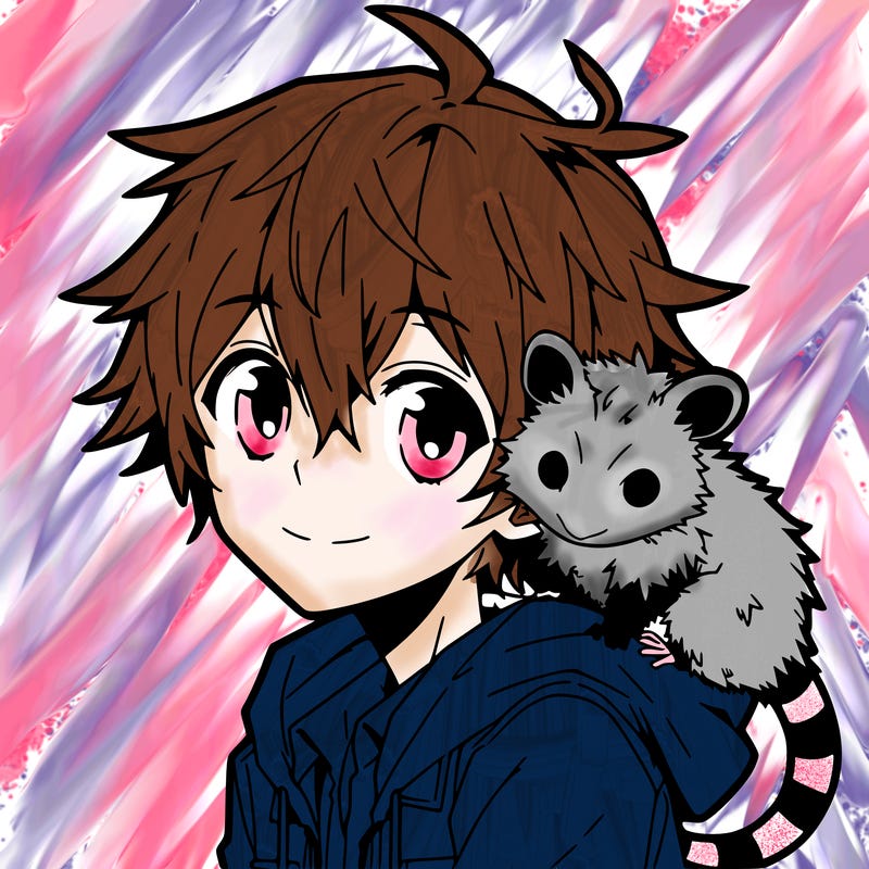 anime boy with opossum on shoulder