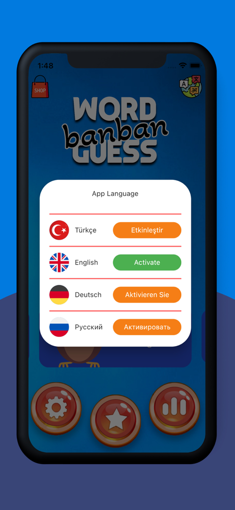 Say & Play - Say and Play アプリの言語選択メニュー。トルコ語、英語、ドイツ語、ロシア語のオプションが表示されています。