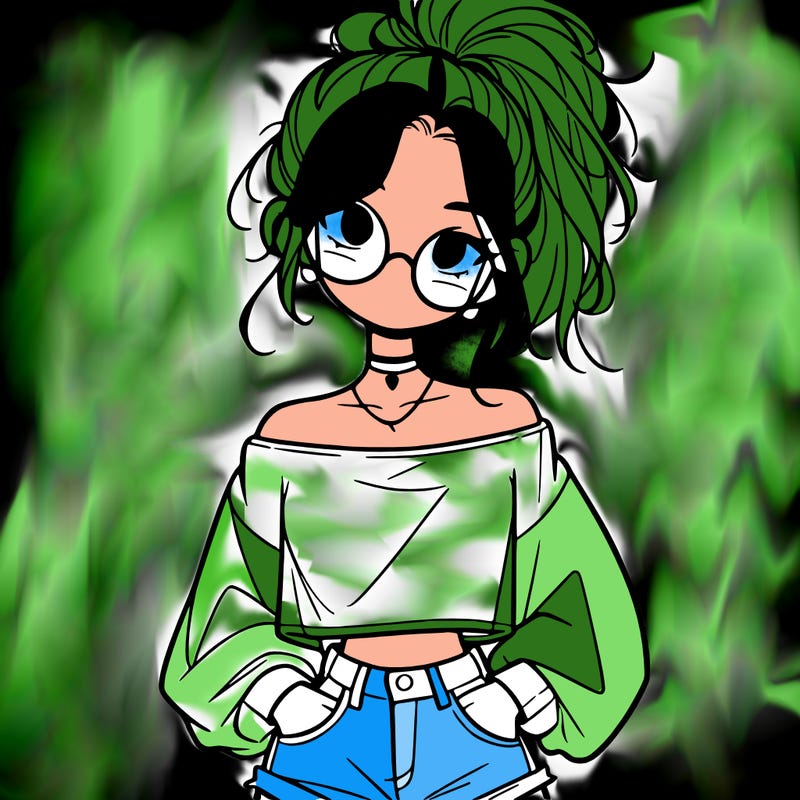 girl with a messy ponytail glasses a baggy crop top and jean shorts