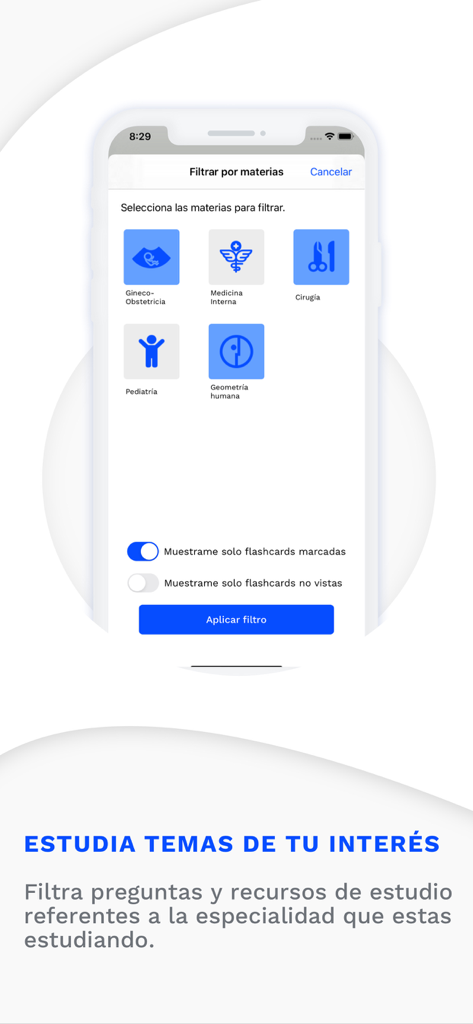 Bildschirm der Estudio Medicina App, der Filter für Studienfächer zur ENARM-Prüfungsvorbereitung zeigt