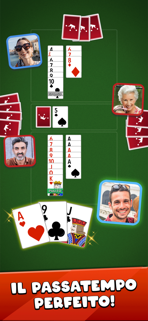 Burraco Italiano Jogatina - Quattro persone che giocano a Burraco Italiano online con carte digitali su un tavolo verde.