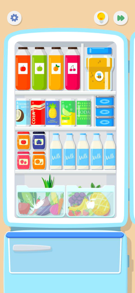 SatisPuzzle: Perfect Tidy - Uma geladeira perfeitamente organizada com bebidas e comidas coloridas em um jogo de quebra-cabeça