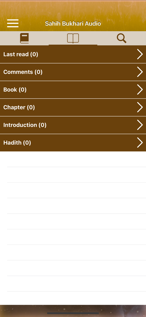 Sahih Al-Bukhari Audio English - User interface of the Sahih Al-Bukhari app showing categories like last read book and hadith with search navigation