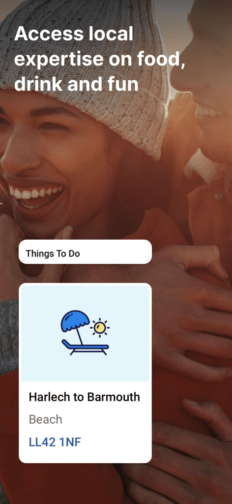 Sykes-App-Benutzeroberfläche, die lokale Reiseempfehlungen und Aktivitäten in Großbritannien zeigt