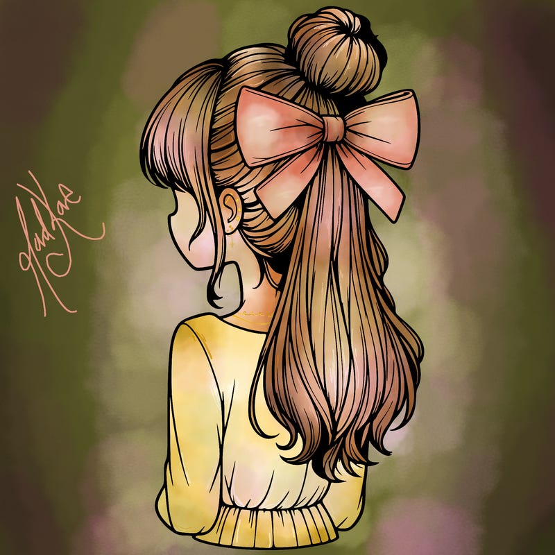 realistic girl  with hip length hair a bun and a big bow on the back of head