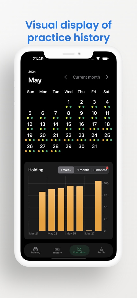 Pantalla de historial de práctica de la aplicación Diving Master que muestra un calendario de entrenamiento y gráficos de progreso de retención de la respiración
