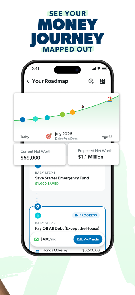 Pantalla de la aplicación EveryDollar que muestra un plan financiero con proyecciones de patrimonio neto y pasos básicos.
