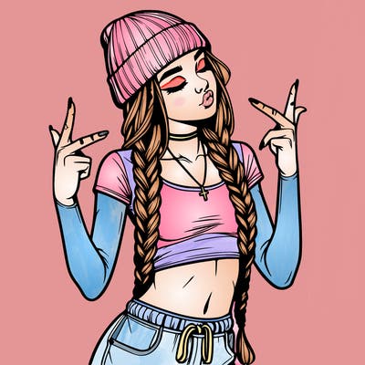 realistic teenage girl with braids and a beanie and crop top doing 🫶🏼
