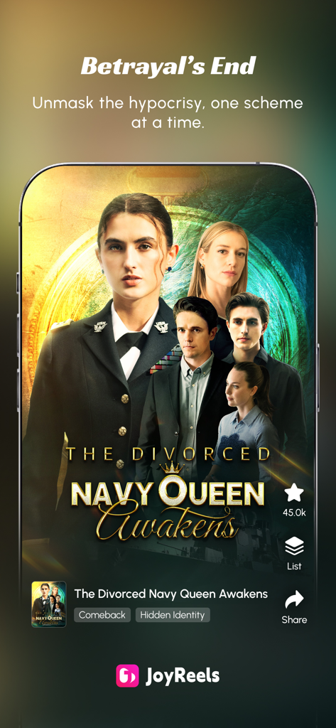 JoyReels app interface showing a poster for the short drama series The Divorced Navy Queen Awakens.