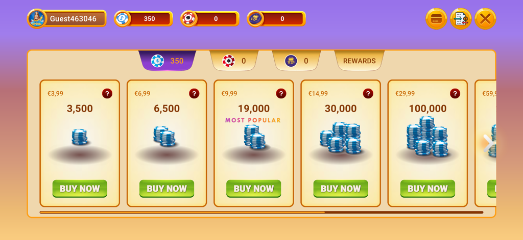 Backgammon Premium: Master - バックギャモンプレミアムマスターのゲーム内ショップ、さまざまな仮想チップバンドルと購入オプションが表示されます。