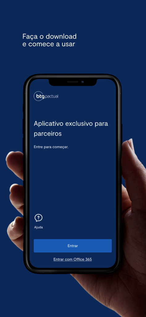 BTG Pactual Parceiros - Pantalla de bienvenida e inicio de sesión de la aplicación móvil BTG Pactual Parceiros para asesores de inversión