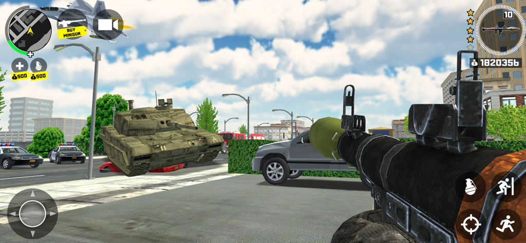 First person view of a player with a rocket launcher and a tank in an open world city