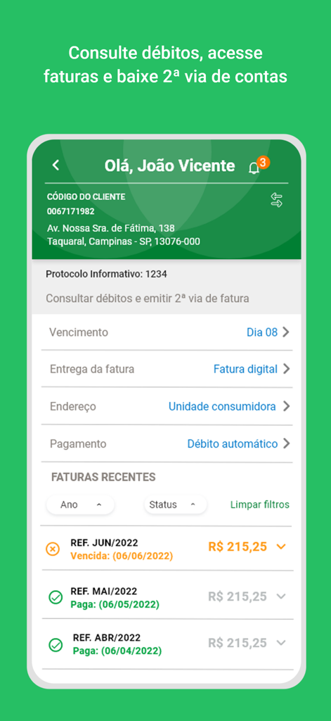 Écran mobile de l'application Neoenergia montrant le profil d'un utilisateur et les factures d'électricité récentes avec leur statut de paiement.