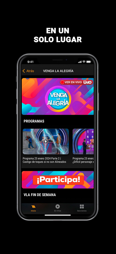 TV Azteca En Vivo - Interface da app TV Azteca Ao Vivo exibindo episódios do programa de variedades Venga La Alegria e botão de transmissão ao vivo.