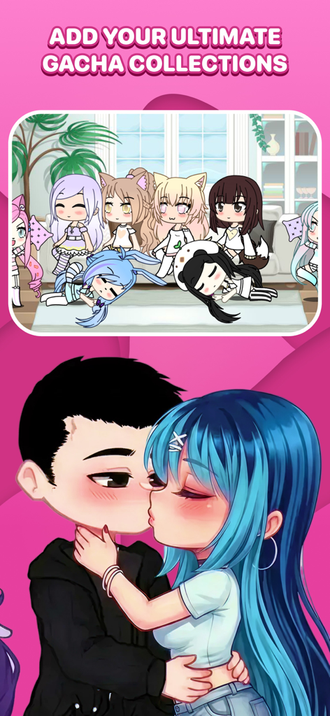 Gacha - Life & Club Mods - Grupo de personajes Gacha en una sala de estar y una ilustración de pareja romántica