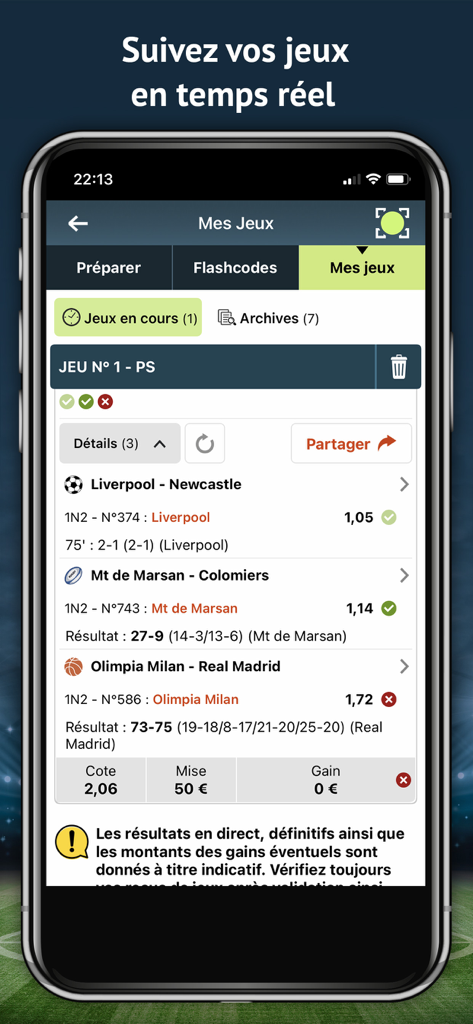 Tableau de bord de l'application mobile Pronosoft affichant les résultats des paris sportifs en temps réel et le suivi des tickets pour le football et le rugby