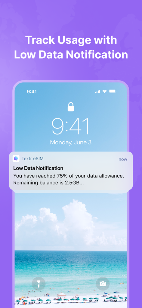 Textr eSIM: Travel Mobile Data - Textr eSIM low data notification on iPhone lock screen