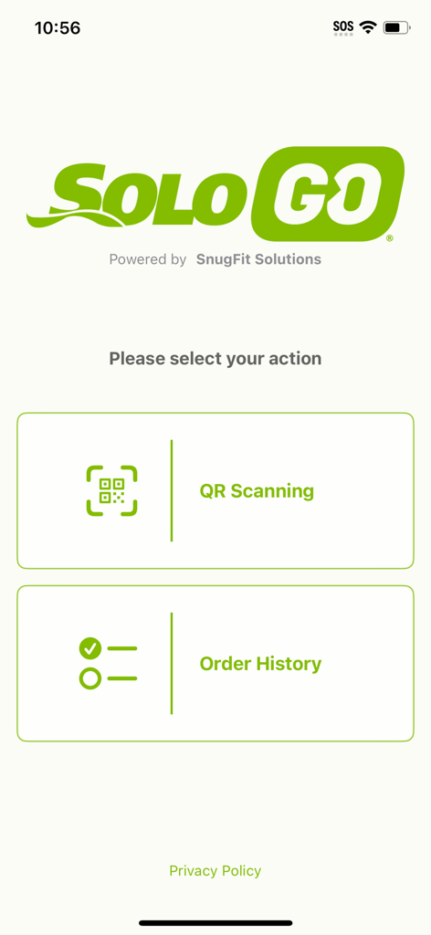 Tela inicial do aplicativo SOLO GO Foot Scanner com botões para Escaneamento QR e Histórico de Pedidos.