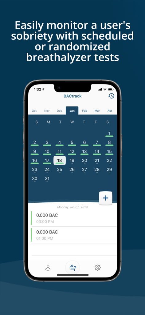 BACtrack View - A screenshot of the BACtrack View app showing a monthly calendar view with logged breathalyzer test results and daily BAC levels.