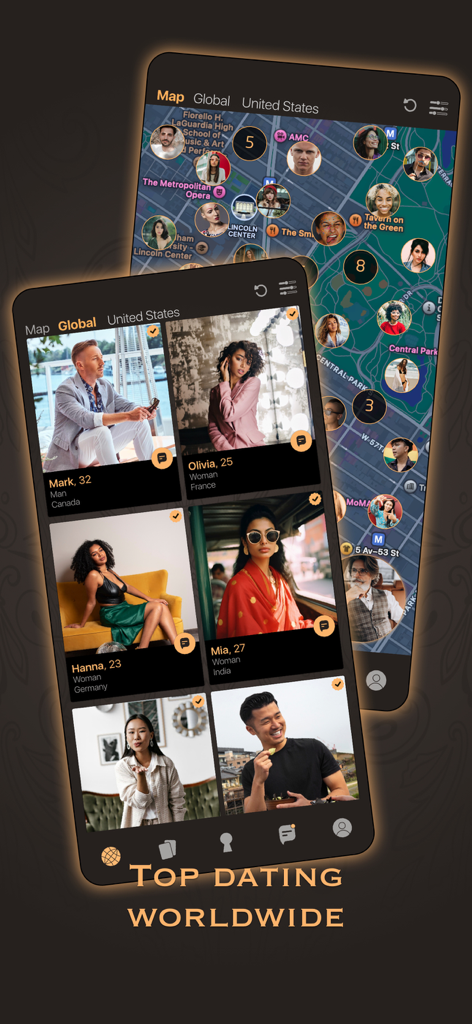 LeClub - Luxury Dating App - LeClub luxury dating app interface showing global profiles and a user location map