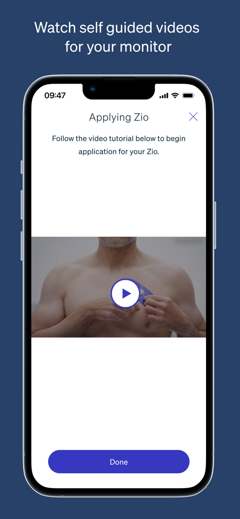 MyZio app screen displaying an instructional video on how to apply the Zio ECG monitor patch