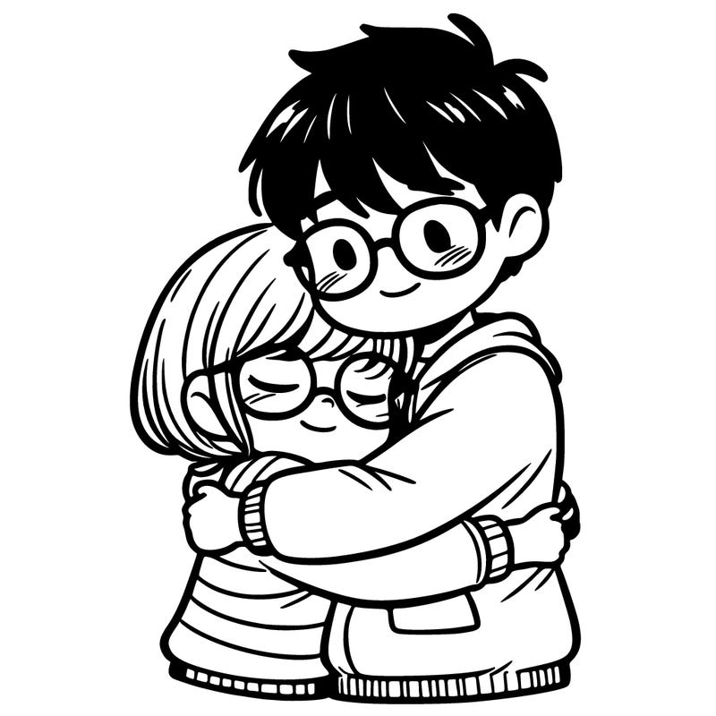 a boy hugging a girl with glasses