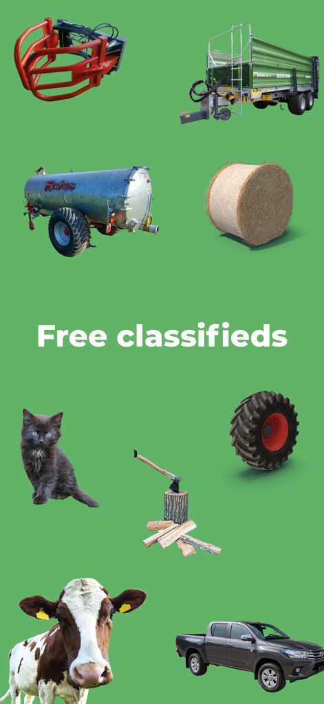 녹색 배경에 판매용 농기계, 가축 및 도구, 무료 광고 텍스트 포함