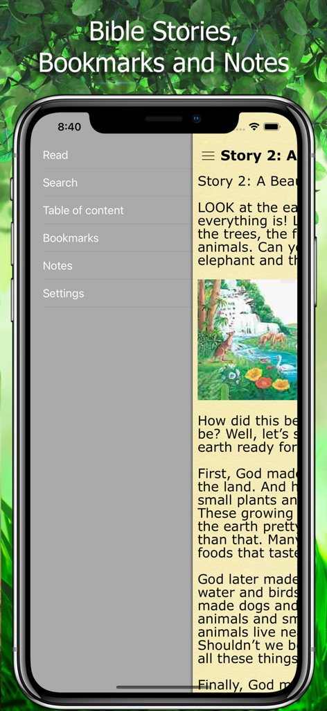 Bible Stories in English New - Bible stories app showing the navigation menu with bookmarks and notes options next to a story page