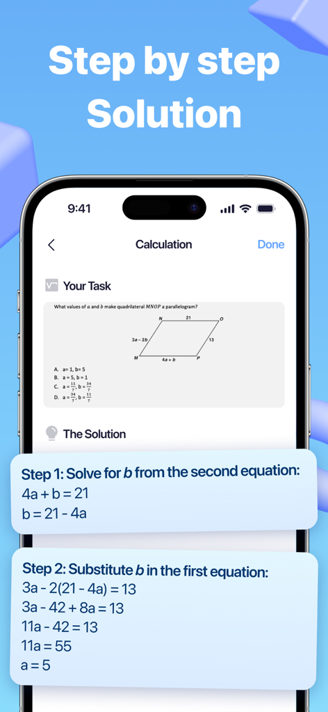 Geometry Solver app displaying a step by step mathematical explanation for a geometry task.