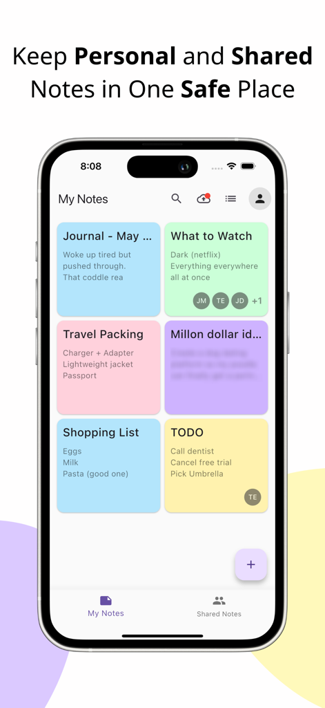 Pantalla de smartphone que muestra el panel de la aplicación Notas Compartidas con tarjetas de notas coloridas para listas y diarios.