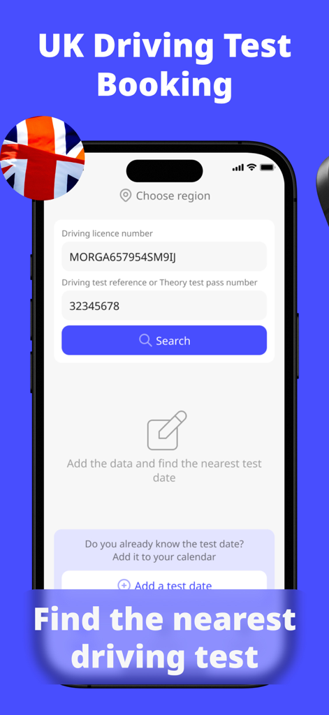 UK Driving Test Booking - Pantalla de aplicación móvil que muestra un formulario de búsqueda para encontrar franjas horarias de examen de conducir en el Reino Unido utilizando un número de licencia de conducir y un código de referencia del examen.