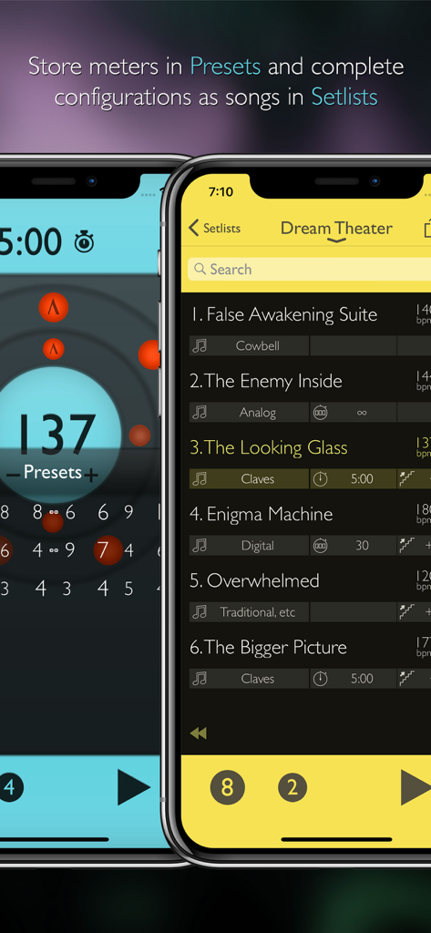 L'application métronome Tempo Advance affiche les listes de morceaux et les préréglages rythmiques.