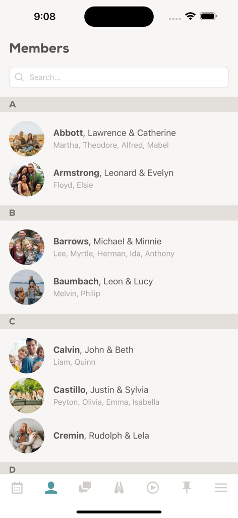 Church Social - Alphabetical member directory in the Church Social app showing church family names and profile photos