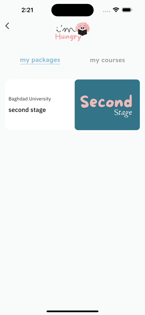 Aplicativo de educação odontológica Im Hungry mostrando pacotes de estudo universitários