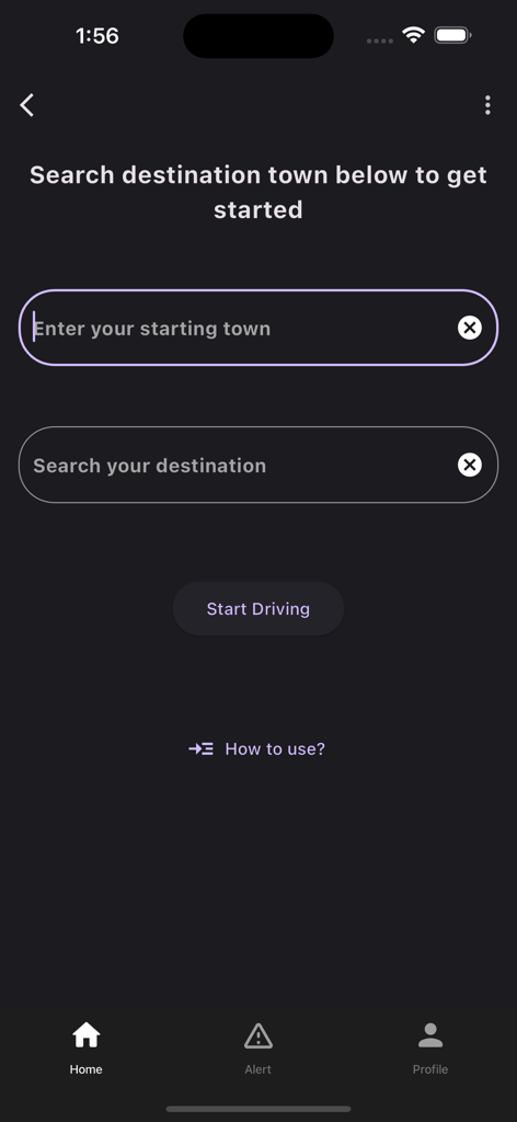 ROSMA - Search interface of the ROSMA app for entering starting town and destination to begin driving.