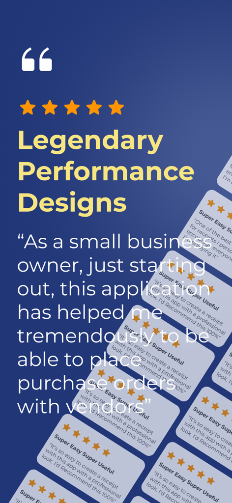 Purchase Order PRO - PO Maker - User testimonial and five star ratings for the Purchase Order PRO mobile app